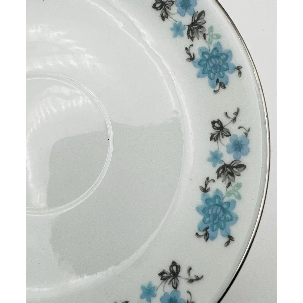 Vintage China Teacup Saucer Blue Silver Floral Porcelain Cottagecore Tea Set